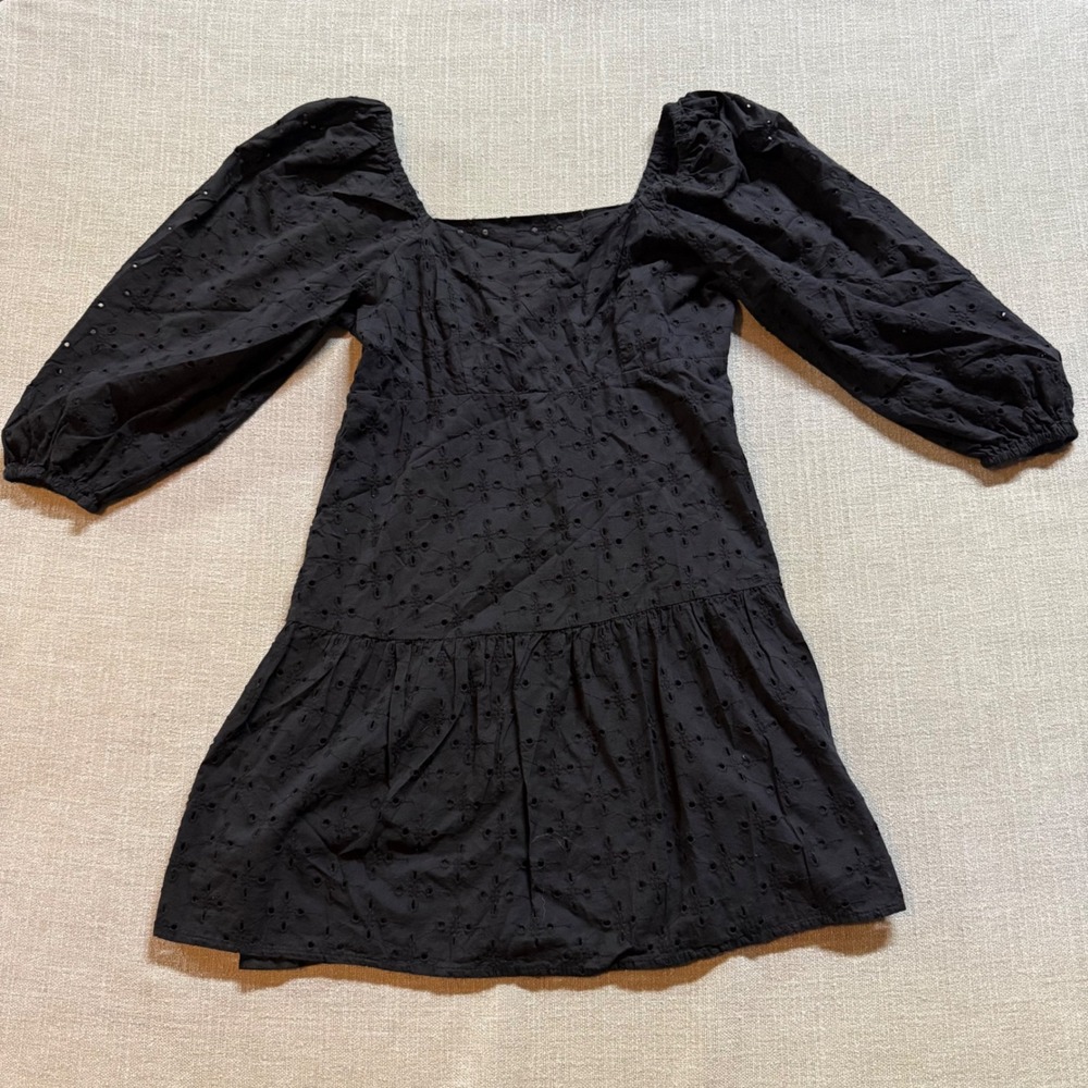 Beyond Words Black‎ Eyelet Mini Dress Large Puff Sleeve Square Neck Tiered Boho